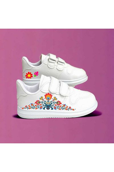 liasdesing Peacock Feather Printed White Banded Children's Sports Shoes Sneaker