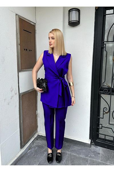FİOXCO Reneta Saks Blue Waist Tie Jacket Trousers Set