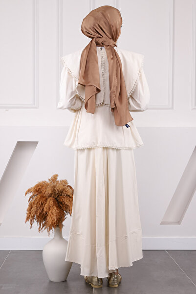 İmajButik Κοστούμι μπλούζα με μπεζ λεπτομέρεια με φούστα