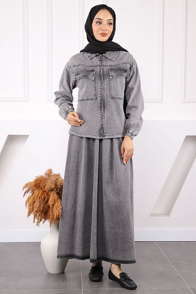 İmajButik Smoked Jacket Skirted Denim Suit