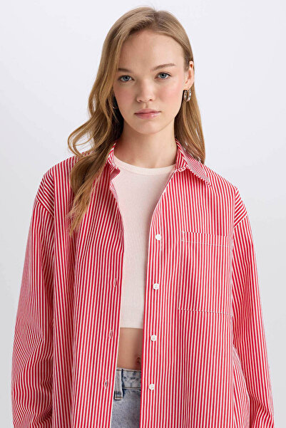 DeFacto قميص بوبلين مخطط بأكمام طويلة مقاس كبير لعيد الحب E2205ax25sp