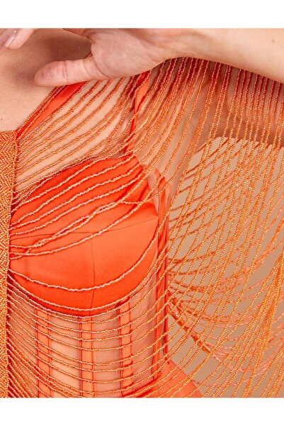 MİSS DİAMOND Boncuk İşlemeli Bolerolu Abiye Oranj