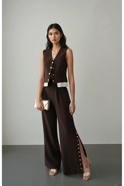 Bak'ap Σετ 2 τεμαχίων με λεπτομέρεια με κουμπιά Premium Crop Vest-Palazzo Pants