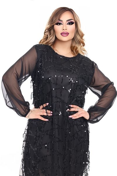 rotop Rochie eleganta Almona, pentru evenimente, culoare negru, cu maneca lunga transparenta, Marime 50