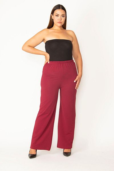Şans Women's Large Size Burgundy Self-Striped Fabric Waist Elastic Tube Leg Trousers 65n27809