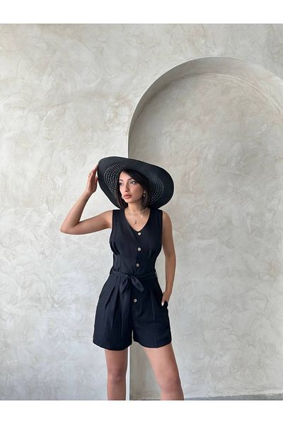Bleu Petite Linen Fabric Belted Women's Shorts Jumpsuit