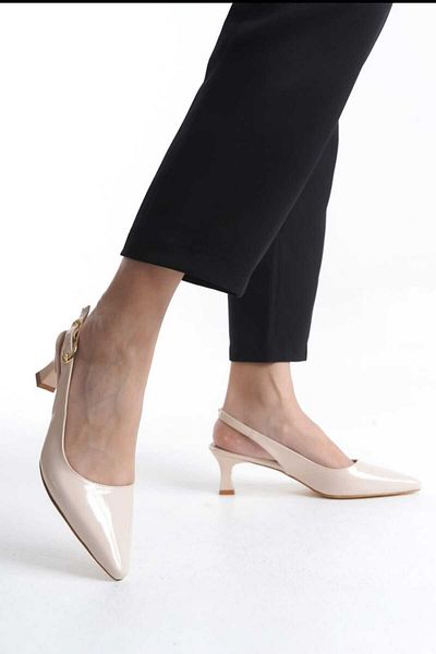JVC Women Beige Patent Leather Open Back Low Heel Stiletto