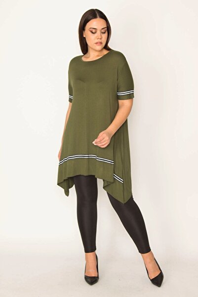 Şans Women's Large Size Khaki Stripe Detailed Asymmertic Tunic 65n23133
