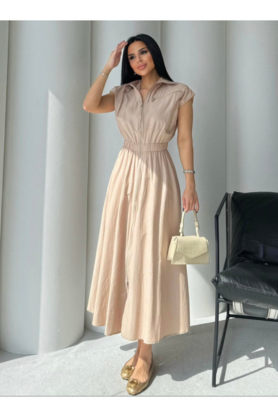 Bak'ap Trend Design Elastic Waist Zipper Detailed Maxi Length Zero Sleeve Dress