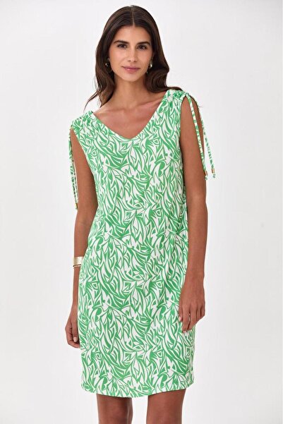 İKİLER Omuzları Büzgülü Bağcıklı Kolsuz Elbise 025-2512