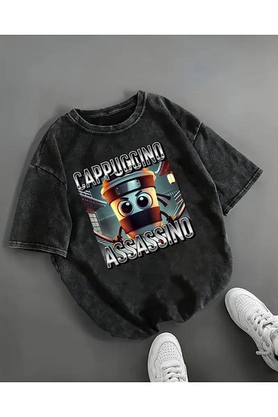 Touz Moda Tung Tung Tung Sahur Cappucino Assassino εμπριμέ πλενόμενο Vintage Unisex Oversize T-shirt