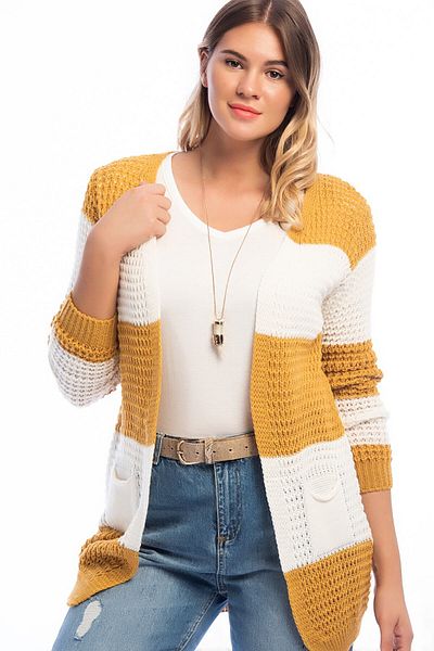 Şans Women's Large Size Mustard Openwork Knitted Colored Cardigan 65n14876