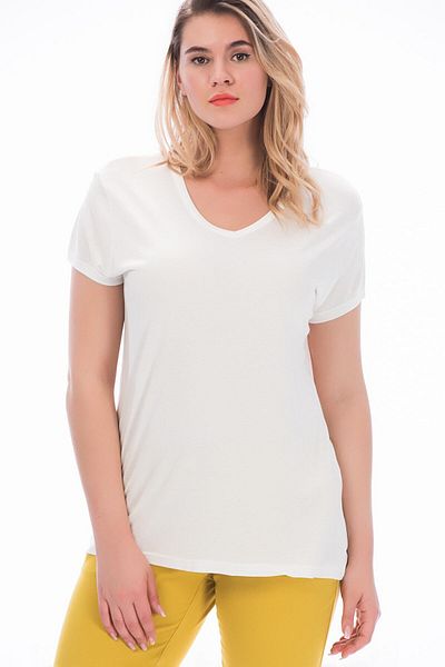 Şans Women's Large Size Bone Cotton Fabric V-Neck Tunic 65n15454