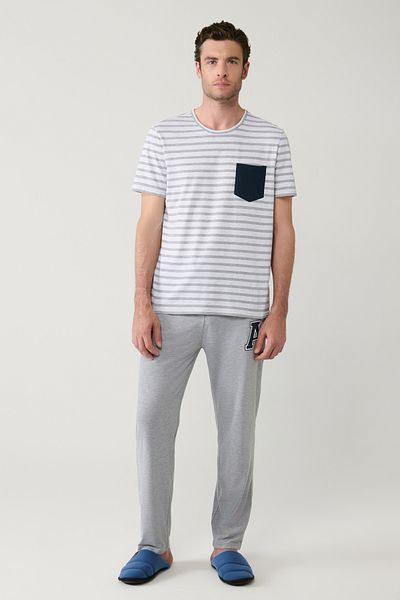 Avva Men's Gray Crew Neck Cotton Special Boxed Pajamas Set E 003308