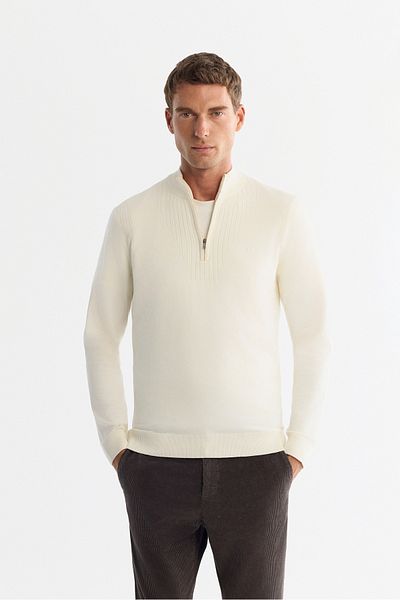 Avva Men's Ecru Stand Collar Zippered Stripe Detailed Soft Touch Knitwear Sweater A42Y5071