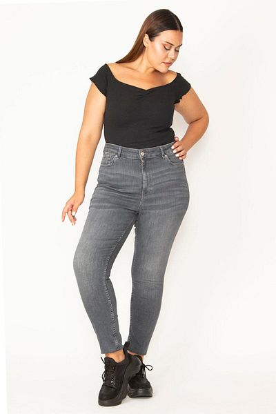 Şans Women's Large Size Gray Washing Effect 5 Pocket Jeans 65n27817
