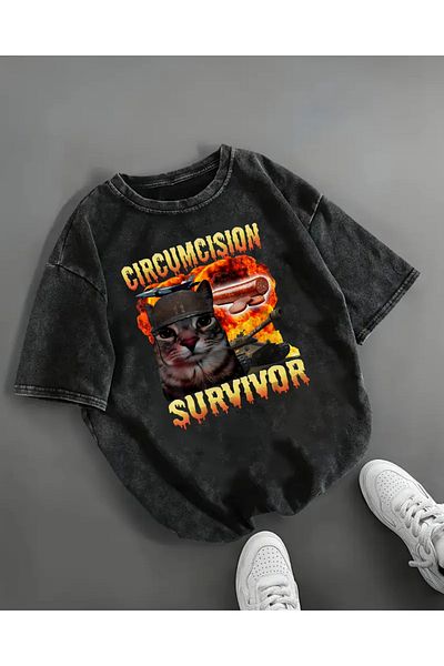 Touz Moda Tung Tung Tung Circumcision Survivor εμπριμέ πλενόμενο Vintage Unisex Oversize T-shirt