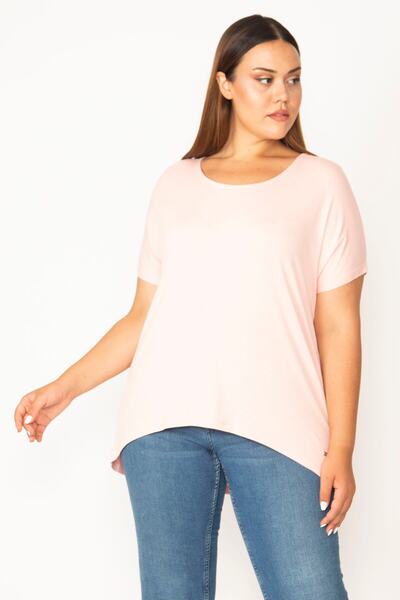 Şans Women's Large Size Pink Crew Neck Long Back Short Sleeve Viskpn Blouse 65n27529