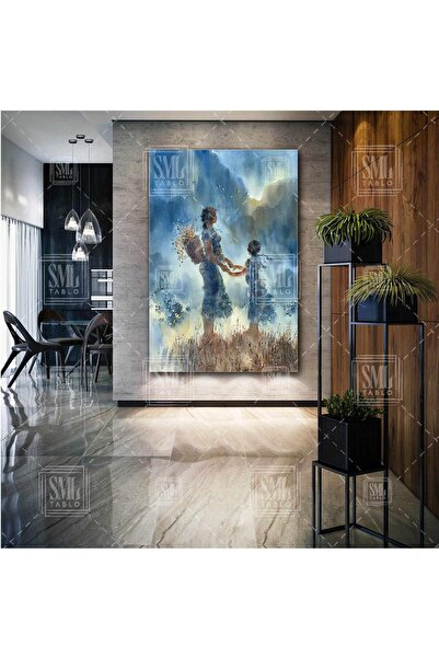 SML TABLO Çiçek Toplayan Anne Ve Kızı Doğa Manzara Dikey Kanvas Tablo