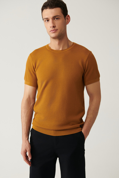 Avva Men's Camel Crew Neck Textured Cotton Knitwear T-Shirt E 005027