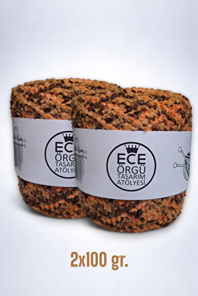 Ece Örgü Tasarım Atölyesi Turuncu, camel, kahverengi tonlarında renk geçişli ponpon el örgü ipi