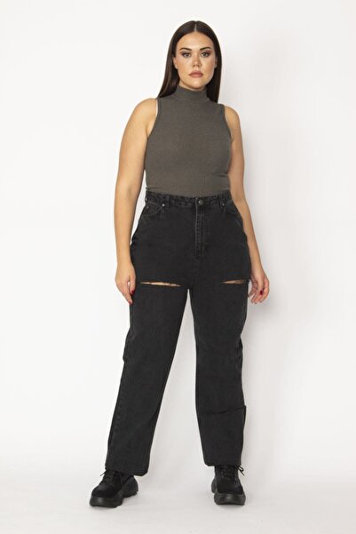 Şans Tekstil Women's Black Ripped Detailed Wide Hip Jeans 18n29207