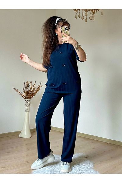 azra moda Тъмносин костюм с панделка и потник