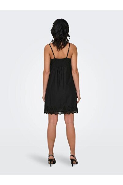 ONLY Onllou Life Broderie Anglaise Detail Black V-Neck Organic Cotton Dress