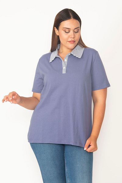 Şans Bluză cu nasturi cu guler polo din țesătură de bumbac indigo de mărime mare pentru femei 65n27322