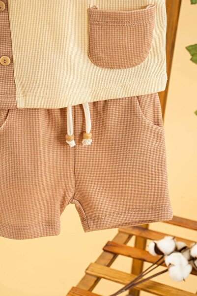 bombe Girl Boy Baby Kids Camel 2-Piece Shorts Set Natural Cotton Bottom Top Set