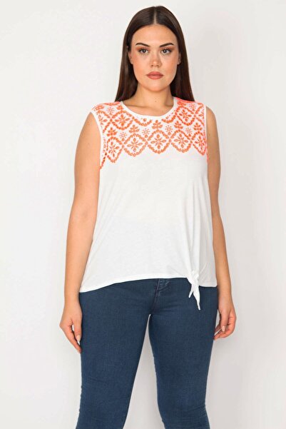 Şans Γυναικεία Plus Size White Hole Κέντημα και Δαντέλα στη μέση Λεπτομερής Μπλούζα 65n27859