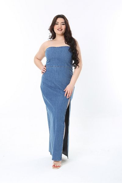 Şans Large Size Blue Slit Strapless Denim Dress Men's Shoes Gx9688