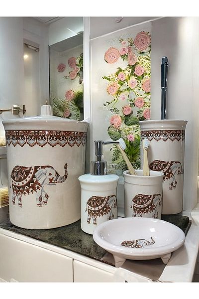 RED SERAMİK Red Ceramic Dara Collection 5 Piece Bathroom Set Elephant Pattern