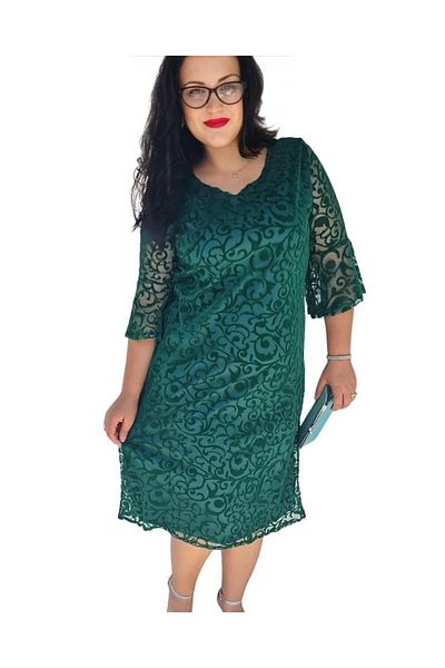 rotop Rochie Carla, eleganta, cu broderie catifelata, culoare verde, cu decolteu rotund, Marime 44