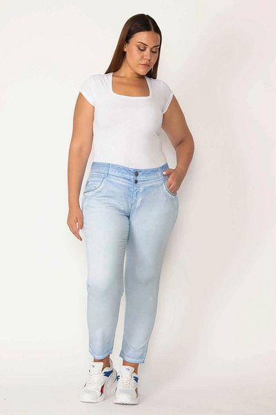 Şans Pantaloni de damă cu efect de spălare albastru cu detalii de piatră 65N27622