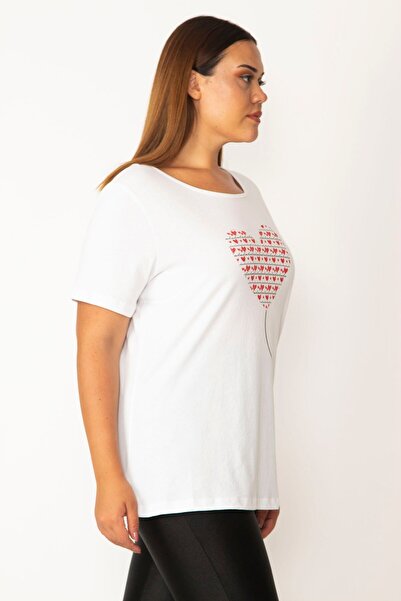 Şans Bluză de damă, mărime mare, albă, din bumbac, cu imprimeu inimă 65n28156