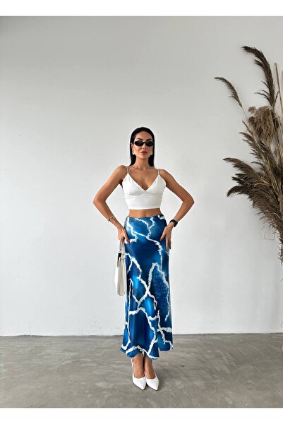FEHAL GİYİM SATEN KUMAŞ YÜKSEK BEL DESENLİ UZUN ETEK