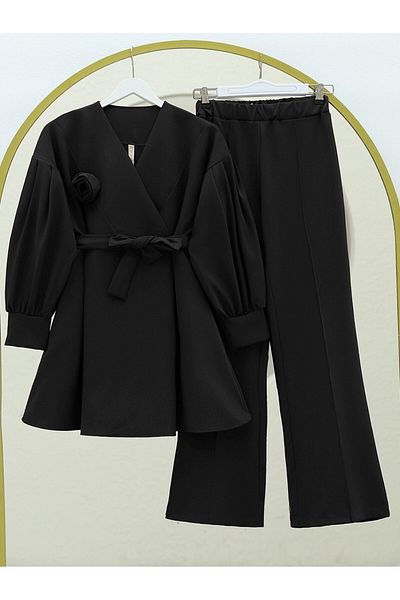 Modamorfo Cross Collar Rose Detailed Belted Double Suit -Black