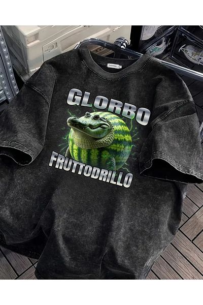 Touz Moda Tung Tung Tung Glorbo Fruttodrillo εμπριμέ πλενόμενο Vintage Unisex Oversize T-shirt