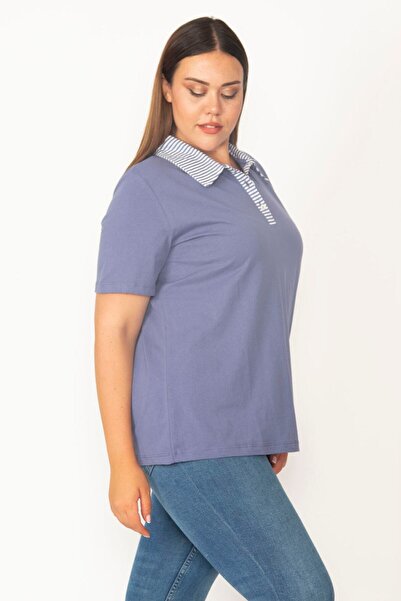 Şans Női nagy méretű indigó pamut szövet polo gallérral gombos blúz 65n27322