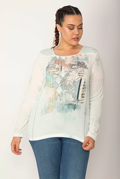 Şans Women's Large Size Green Collar and Front Appliqued Stone Detailed Blouse 65n27239