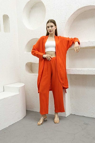 COTTOWOO 100% Cotton Muslin Kimono Trousers Double Set Elastic Waist Straight Leg Belted