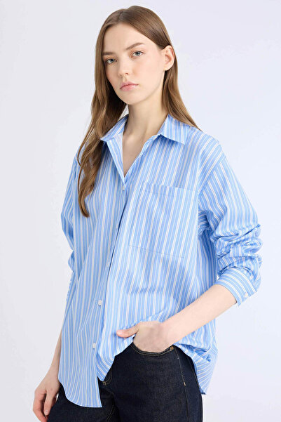 DeFacto Cămașă cu mânecă lungă din popelin cu dungi largi supradimensionate d...