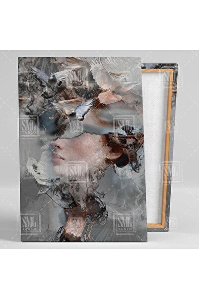 SML TABLO Güvercin Kafalı Kadın Ilüstrasyon Dekor Woman Uçan Kuşlar Dikey Kanvas Tablo