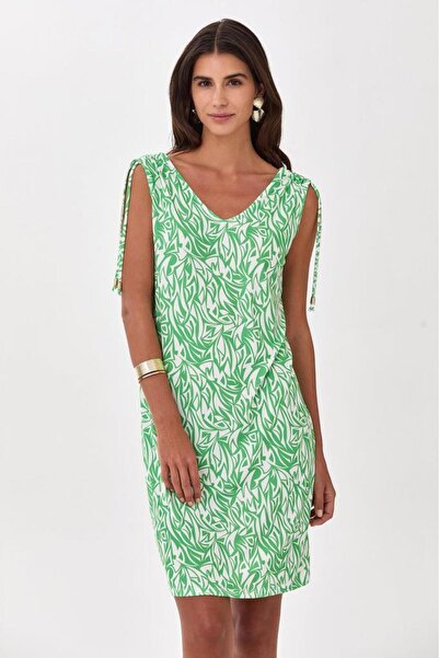 İKİLER Omuzları Büzgülü Bağcıklı Kolsuz Elbise 025-2512