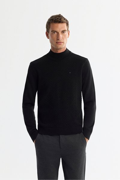 Avva Men's Black Half Turtleneck Jacquard Wool Blended Knitwear Sweater A42Y5021