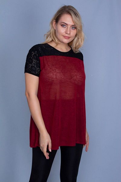 Şans Women's Large Size Burgundy Roba Lace Detailed Low Sleeve Blouse 65n25838