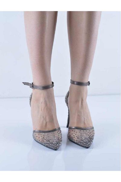 Şanslı Ayakkabıcılık Platinum Plated Mesh Stone Evening Dress Heeled Ankle Tie