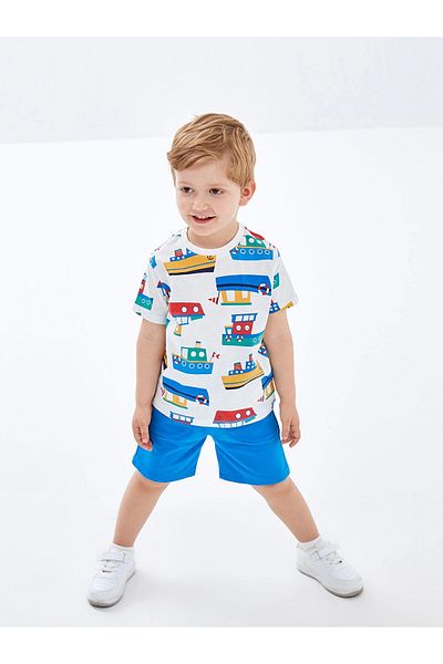 LC Waikiki Lcw Kids Ecru Crew Neck Short Sleeve Printed Baby Boy T-Shirt and Shorts Set of 2