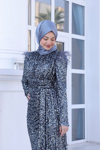 Modarafta Beaded Sequin Sequin Tulle Detailed Şura Hijab Evening Dress